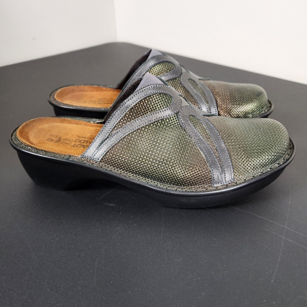 Naot US 11 42 Metallic Bronze Green Perforated Leather Clogs Mules Slip On Shoes